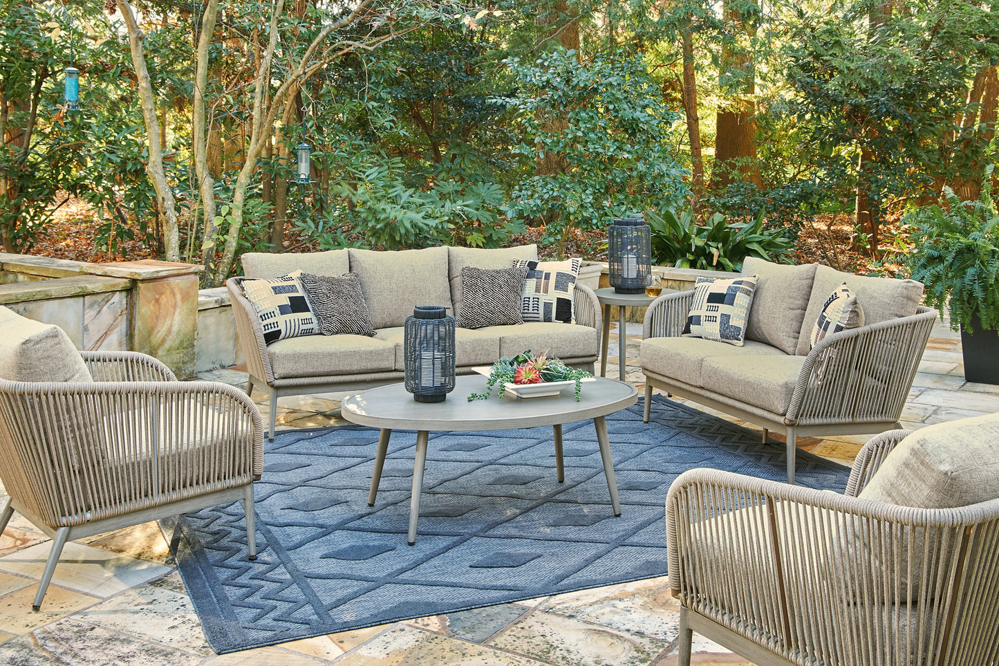 Swiss Valley Outdoor Sofa and 2 Lounge Chairs with Coffee Table and 2 End Tables