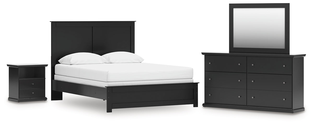 Queen Panel Bed with Mirrored Dresser and Nightstand
