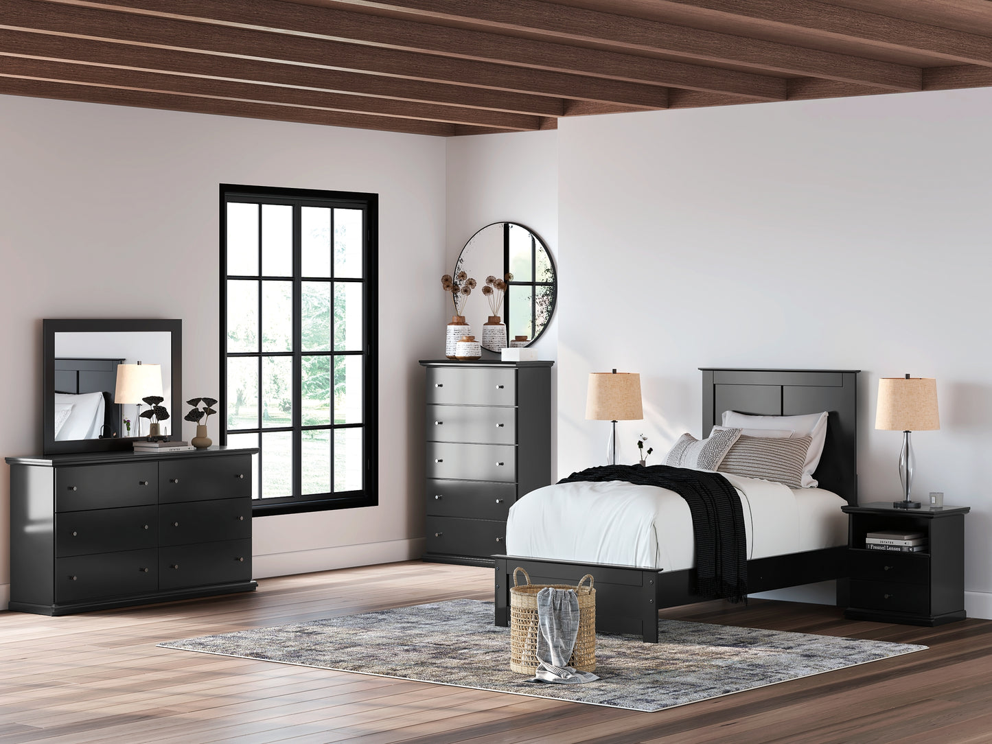 Queen Panel Bed with Mirrored Dresser and Nightstand