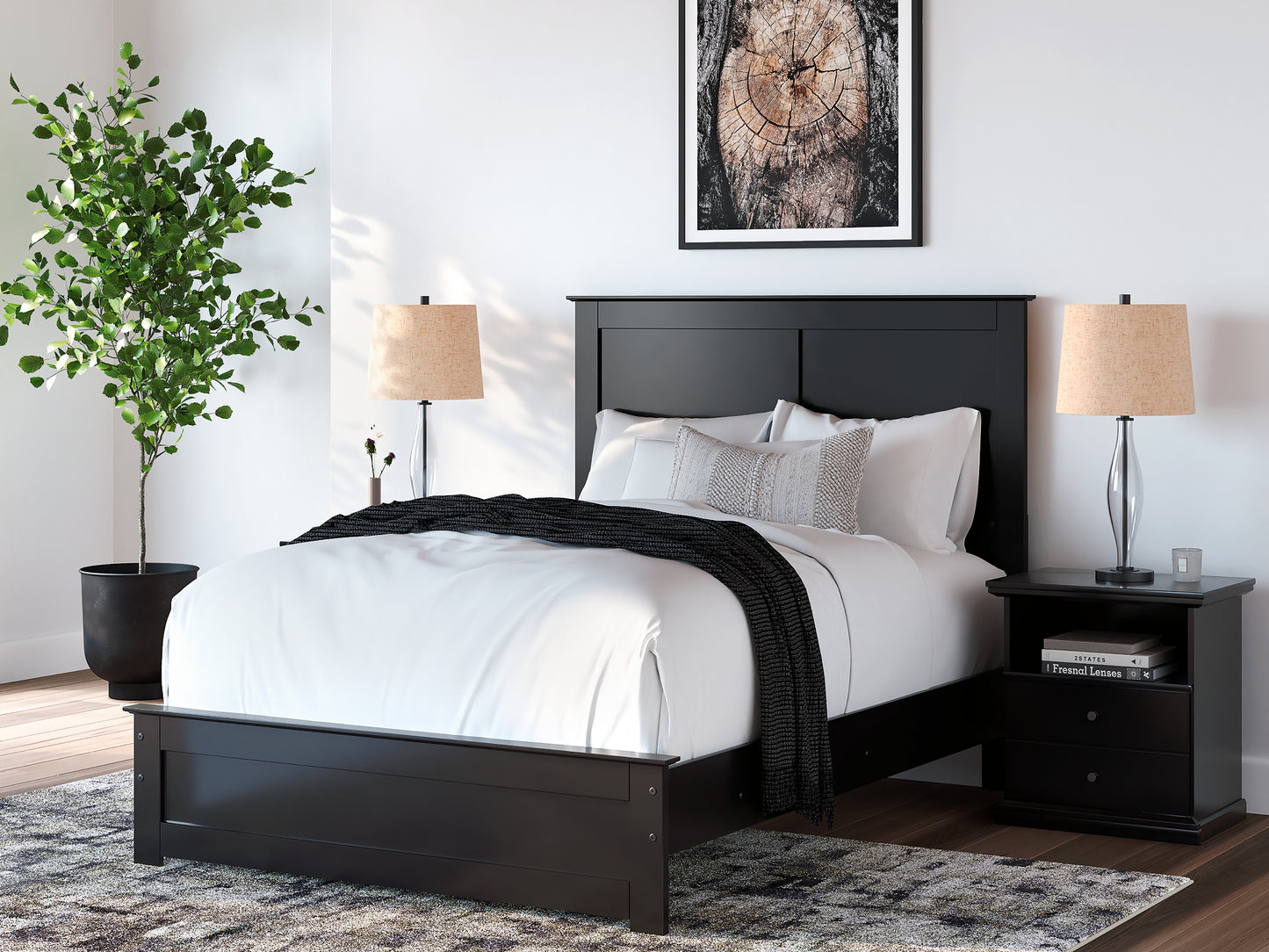 Full Panel Bed with Mirrored Dresser, Chest and Nightstand