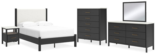 Full Upholstered Panel Bed with Mirrored Dresser, Chest and Nightstand