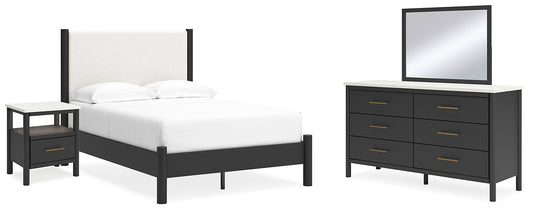 Full Upholstered Panel Bed with Mirrored Dresser and Nightstand