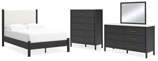 Full Upholstered Panel Bed with Mirrored Dresser and Chest