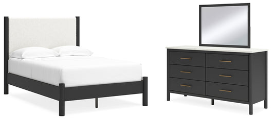 Full Upholstered Panel Bed with Mirrored Dresser