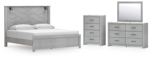 King Panel Bed with Mirrored Dresser and Chest