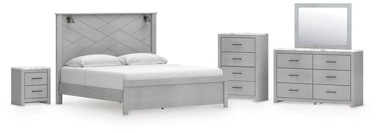 King Panel Bed with Mirrored Dresser, Chest and Nightstand