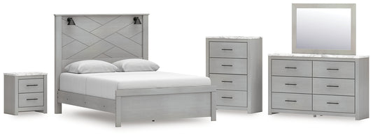 Queen Panel Bed with Mirrored Dresser, Chest and Nightstand