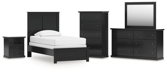 Twin Panel Bed with Mirrored Dresser, Chest and Nightstand
