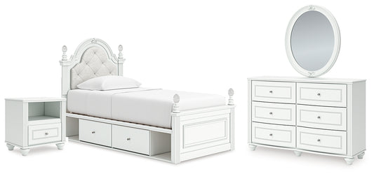 Kozlani Twin Upholstered Panel Storage Bed, Dresser, Mirror and Nightstand
