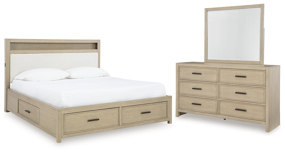 Calmoro King Bookcase Bed with Mirrored Dresser