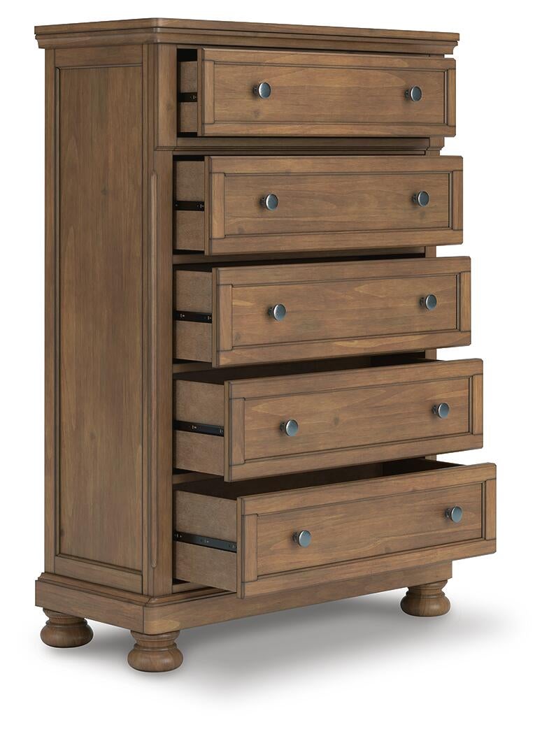 Feddinger King Storage Sleigh Bed with Mirrored Dresser, Chest and Nightstand
