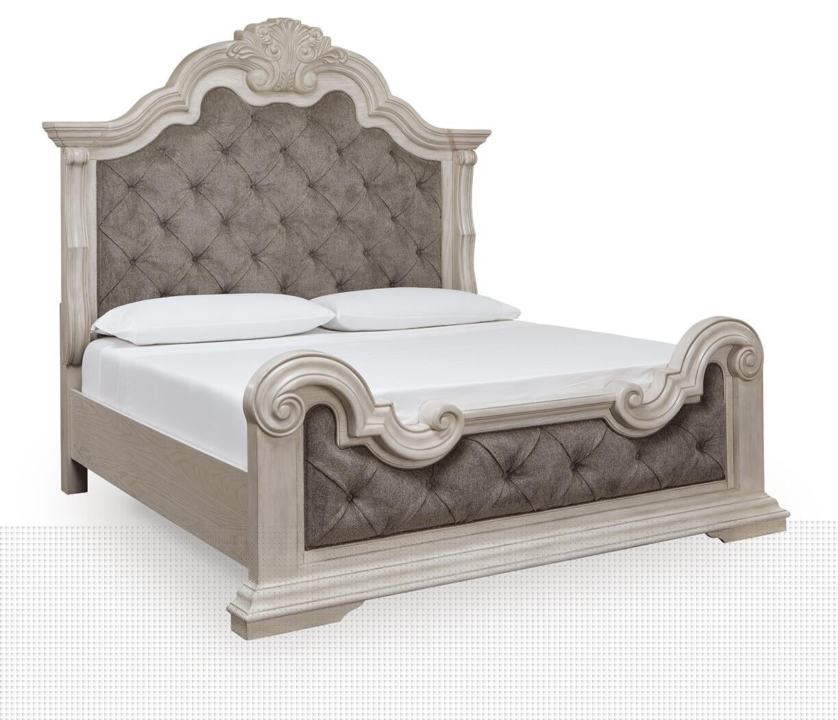 Bruchandi King Upholstered Panel Bed with Mirrored Dresser and Nightstand