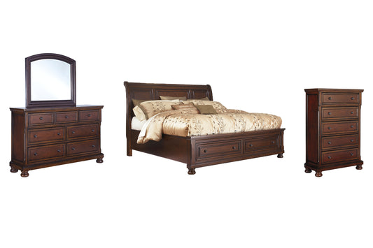Porter King Sleigh Bed with Mirrored Dresser and Chest